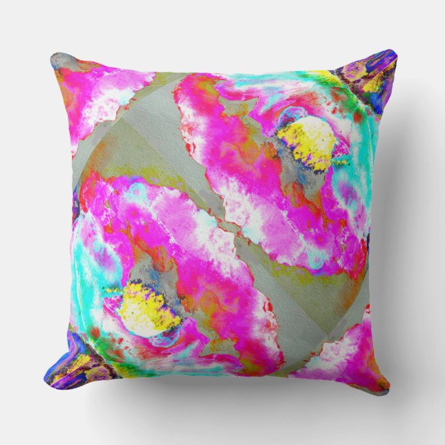 Elegant abstract pink teal floral painting throw pillow (Front)