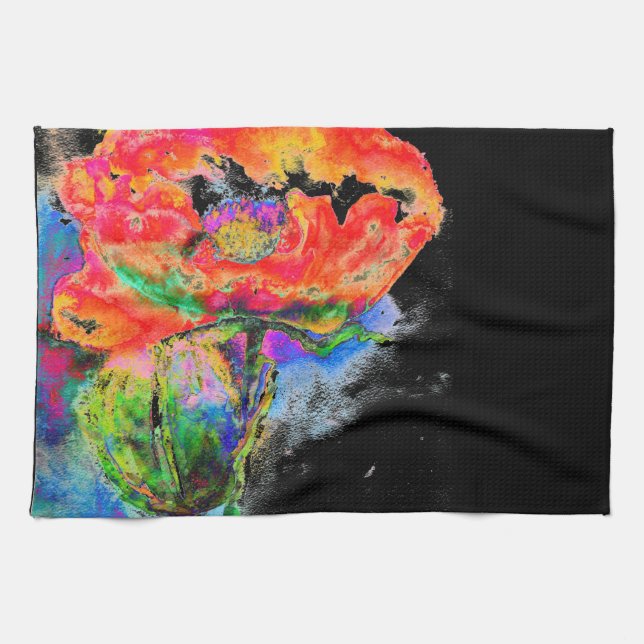 Elegant abstract red floral watercolor black kitchen towel (Horizontal)