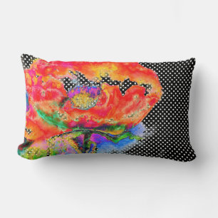 Elegant abstract red floral watercolor black lumbar pillow