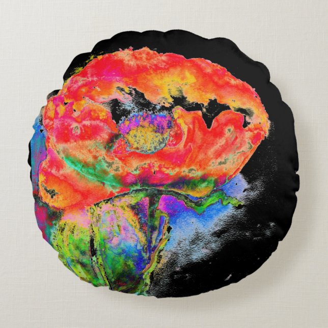 Elegant abstract red floral watercolor black round pillow (Front)