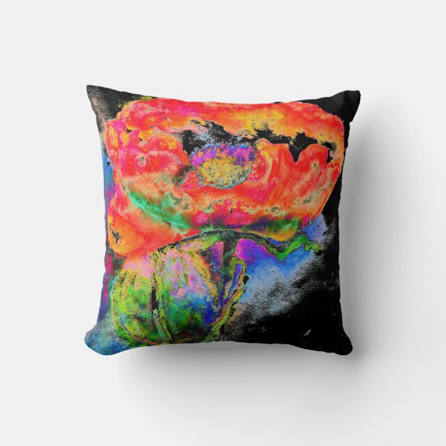 Elegant abstract red floral watercolor black throw pillow (Front)