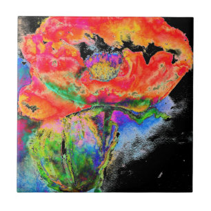 Elegant abstract red floral watercolor black tile