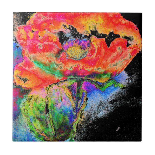 Elegant abstract red floral watercolor black tile (Front)
