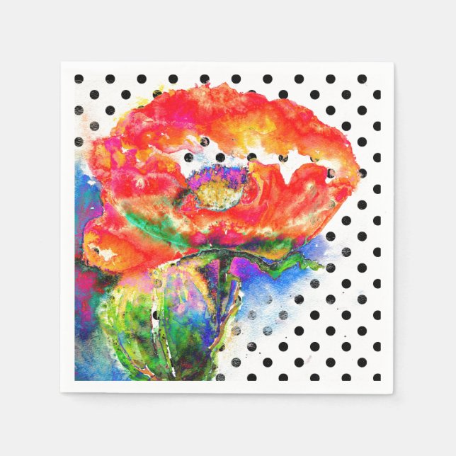 Elegant abstract red floral watercolor polka dot napkin (Front)