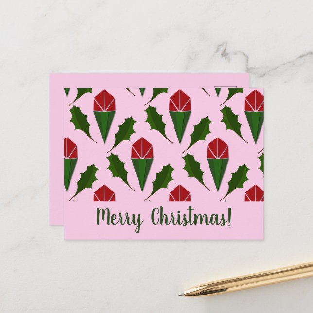 Elegant Abstract Red Roses Green Holly Art, Pink Postcard (Front/Back In Situ)