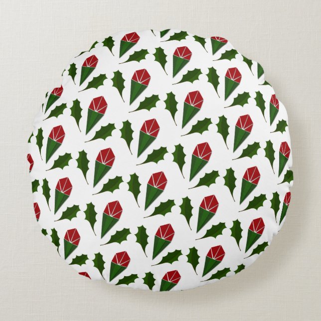 Elegant Abstract Red Roses & Leaves Floral Pattern Round Pillow (Front)