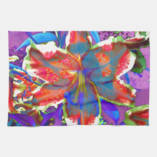 Elegant abstract retro red blue flower kitchen towel (Horizontal)
