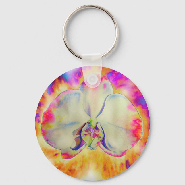 Elegant abstract retro watercolor pink orchid keychain (Front)