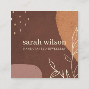 Elegant Abstract Rust Brown Orange Leafy Foliage Square Business Card