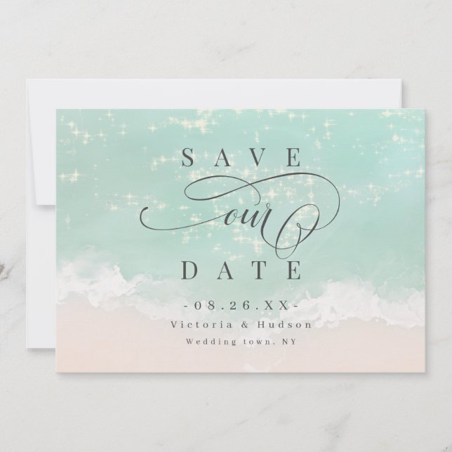 Elegant abstract sparkling ocean beach save the date (Front)