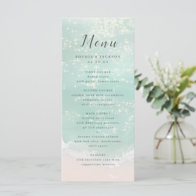 Elegant abstract sparkling ocean beach wedding menu (Standing Front)