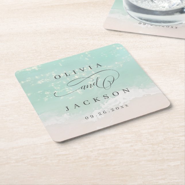Elegant abstract sparkling ocean beach wedding square paper coaster (Angled)