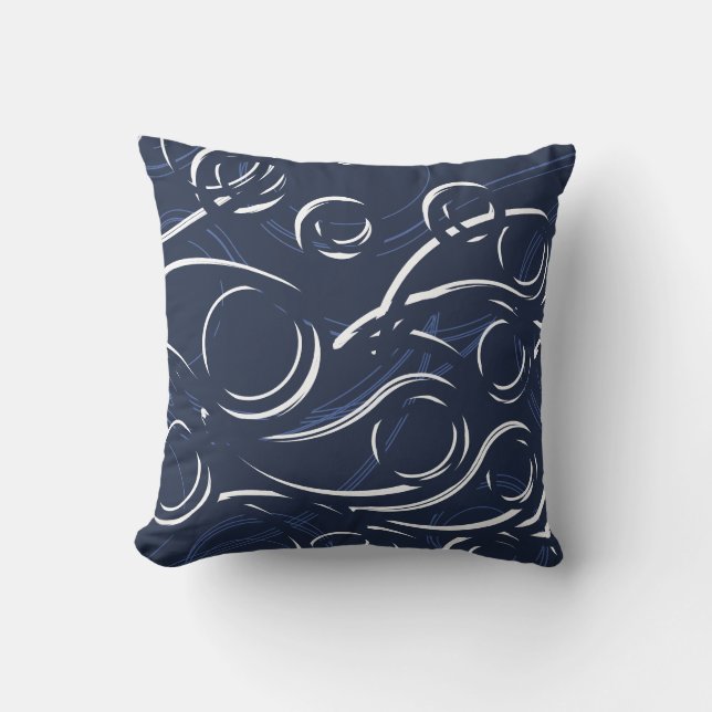 Elegant Abstract Swirls | Navy Blue & White Throw Pillow (Front)