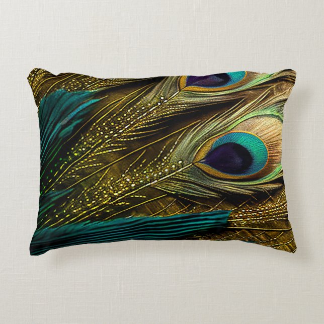 Elegant Abstract Teal Blue Gold Peacock Feathers | Accent Pillow (Front)