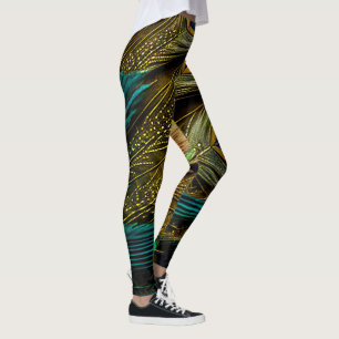 Elegant Abstract Teal Blue Gold Peacock Feathers   Leggings