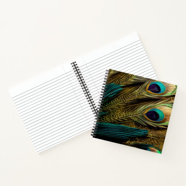 Elegant Abstract Teal Blue Gold Peacock Feathers | Notebook (Inside)