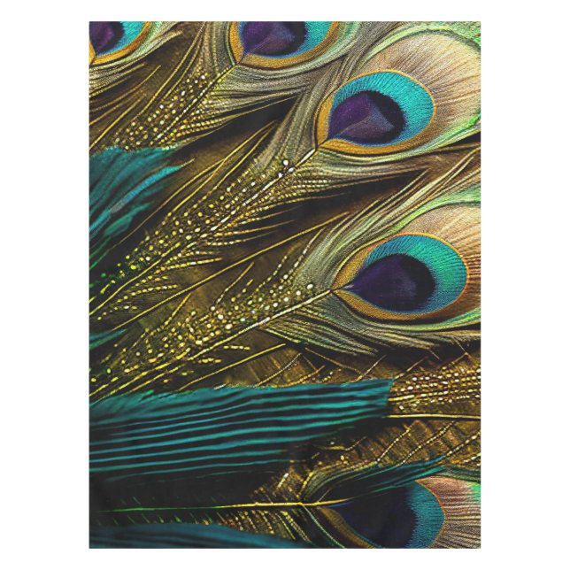 Elegant Abstract Teal Blue Gold Peacock Feathers | Tablecloth (Front)