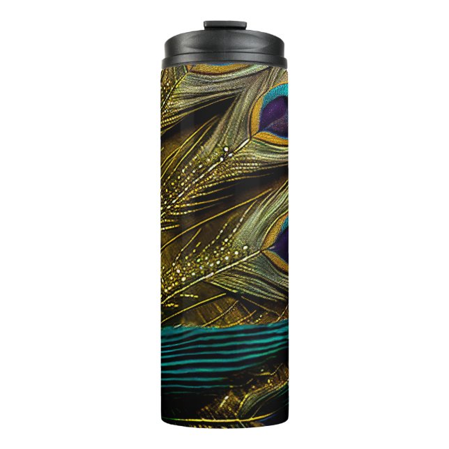 Elegant Abstract Teal Blue Gold Peacock Feathers | Thermal Tumbler (Front)