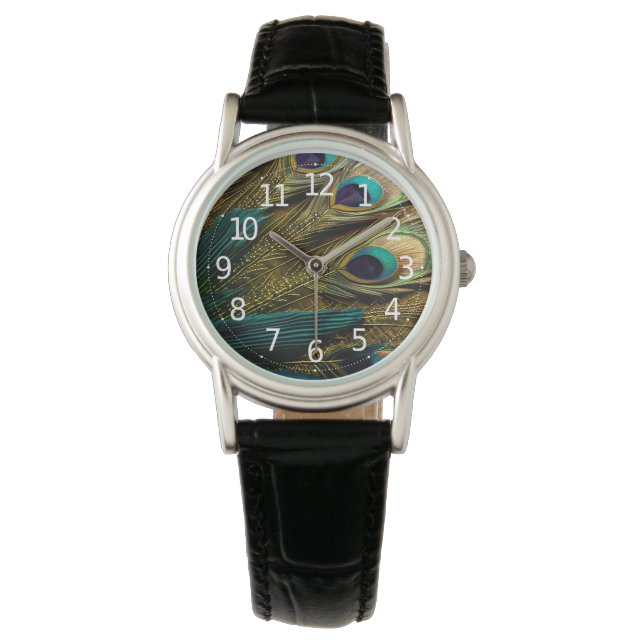 Elegant Abstract Teal Blue Gold Peacock Feathers | Watch (Front)