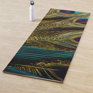 Elegant Abstract Teal Blue Gold Peacock Feathers   Yoga Mat