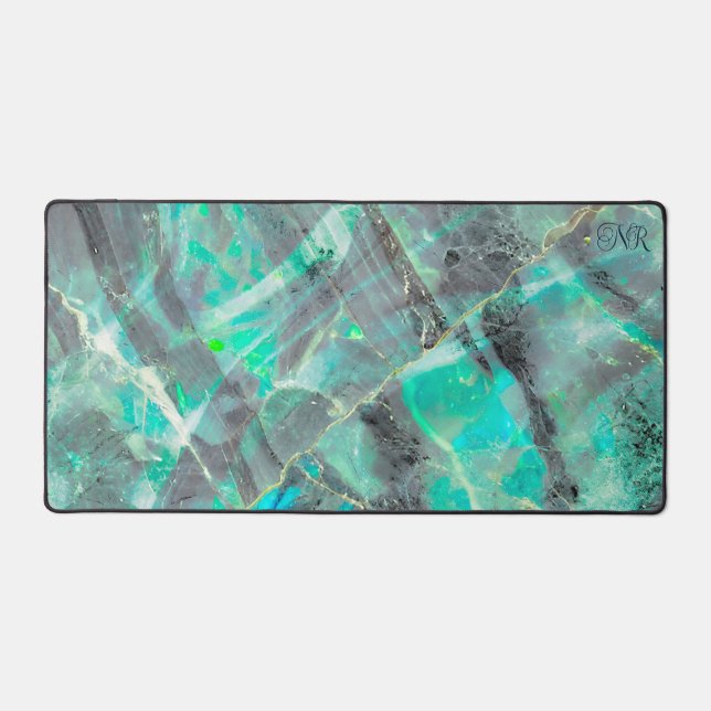 Elegant Abstract Turquoise Marble Opal Monogrammed Desk Mat (Front)