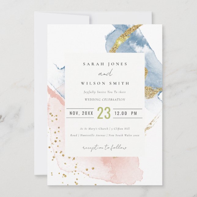Elegant Abstract Watercolor Gold Pink Blue Wedding Invitation (Front)