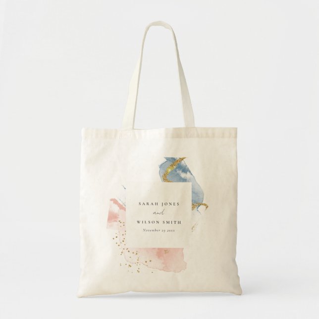 Elegant Abstract Watercolor Gold Pink Blue Wedding Tote Bag (Front)