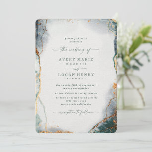 Elegant Abstract Watercolor Green & Gold Wedding Invitation
