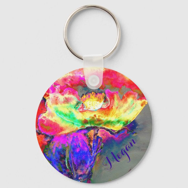 Elegant abstract yellow pink floral flower poppy keychain (Front)