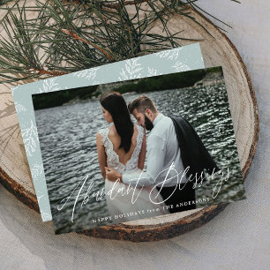 Elegant Abundant Blessings Script Ice Blue Photo Holiday Card