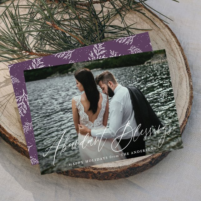 Elegant Abundant Blessings Script Purple Photo Holiday Card (Creator Uploaded)