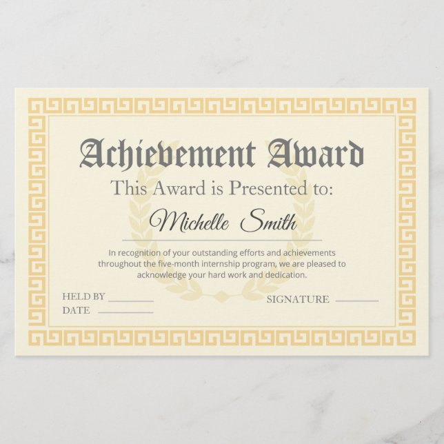 Elegant Achievement Award Certificate Personalized (Front)