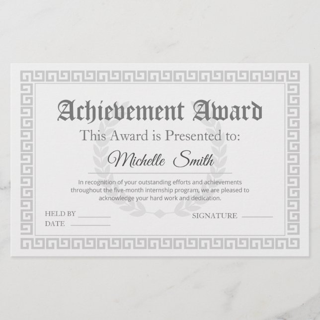 Elegant Achievement Award Certificate Personalized (Front)