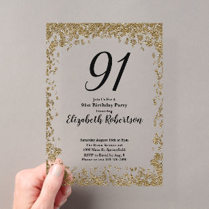 Elegant Acrylic 91st Birthday Invitation in Gold