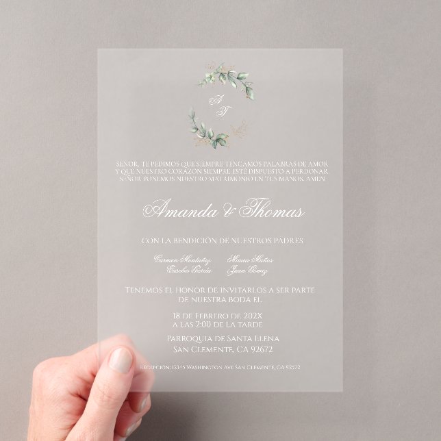 Elegant acrylic greenery Spanish wedding Acrylic Invitations (Insitu (Handheld))
