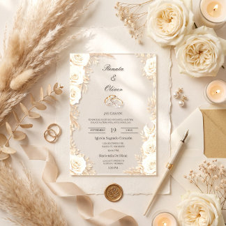 Elegant acrylic Ivory Rose Spanish Wedding Invitations