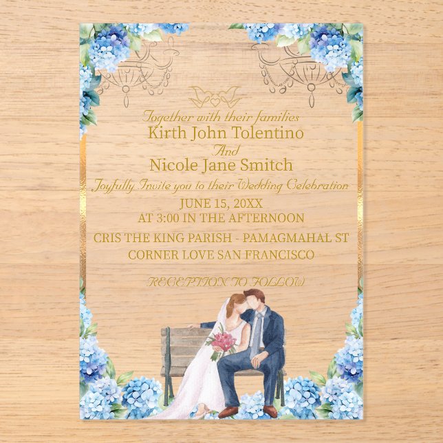 Elegant Acrylic Wedding Invitation with Gold and B (Front)