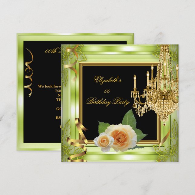 Elegant Add Age Birthday Green Gold Roses Invitation (Front/Back)