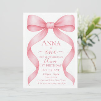 Elegant Adjustable Pink Bow First Birthday Invitat Invitation