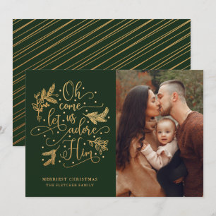 Elegant Adore Him   Photo Christmas   Gold Green Holiday Card
