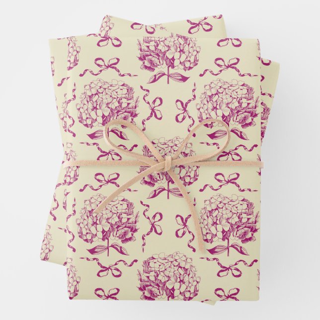 Elegant Aesthetic Hydrangea Bow Pink Toile Pattern Wrapping Paper Sheet (In situ)