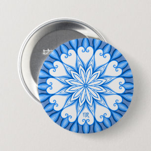 Elegant Aesthetic White & Blue Mandala Monogrammed 3 Inch Round Button
