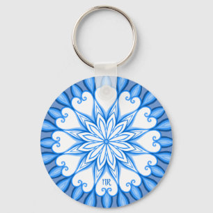 Elegant Aesthetic White & Blue Mandala Monogrammed Keychain