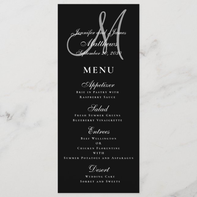 Elegant Affair Black White Script Monogram Wedding Menu (Front)