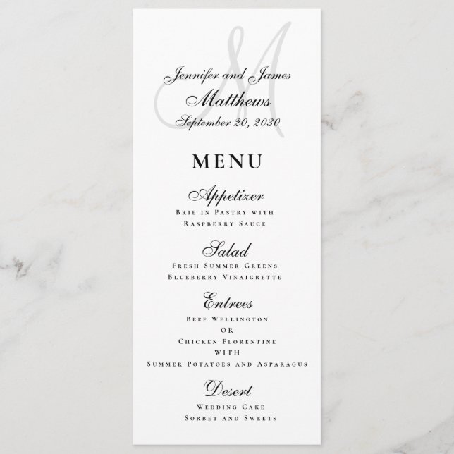 Elegant Affair Black White Script Monogram Wedding Menu (Front)