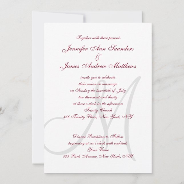Elegant Affair Burgundy Grey Monogrammed Wedding Invitation (Back)