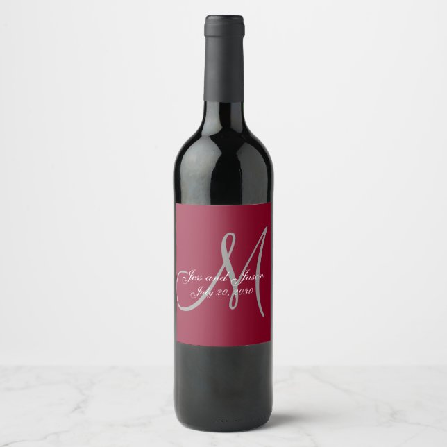 Elegant Affair Burgundy Monogram Names Wedding Wine Label (Front)