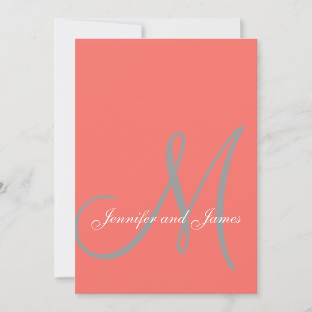 Elegant Affair Coral Grey Monogram Wedding Invitation (Front)