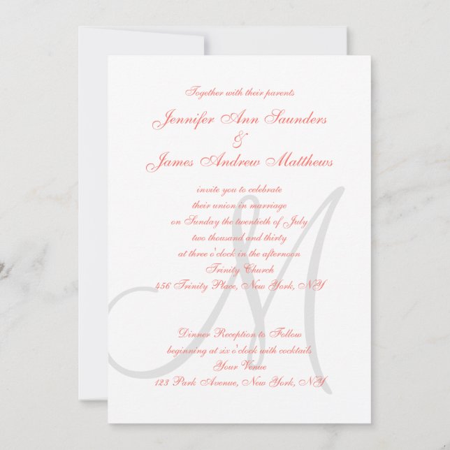 Elegant Affair Coral Grey Monogrammed Wedding Invitation (Back)