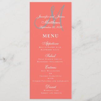 Elegant Affair Coral Grey Script Monogram Wedding Menu